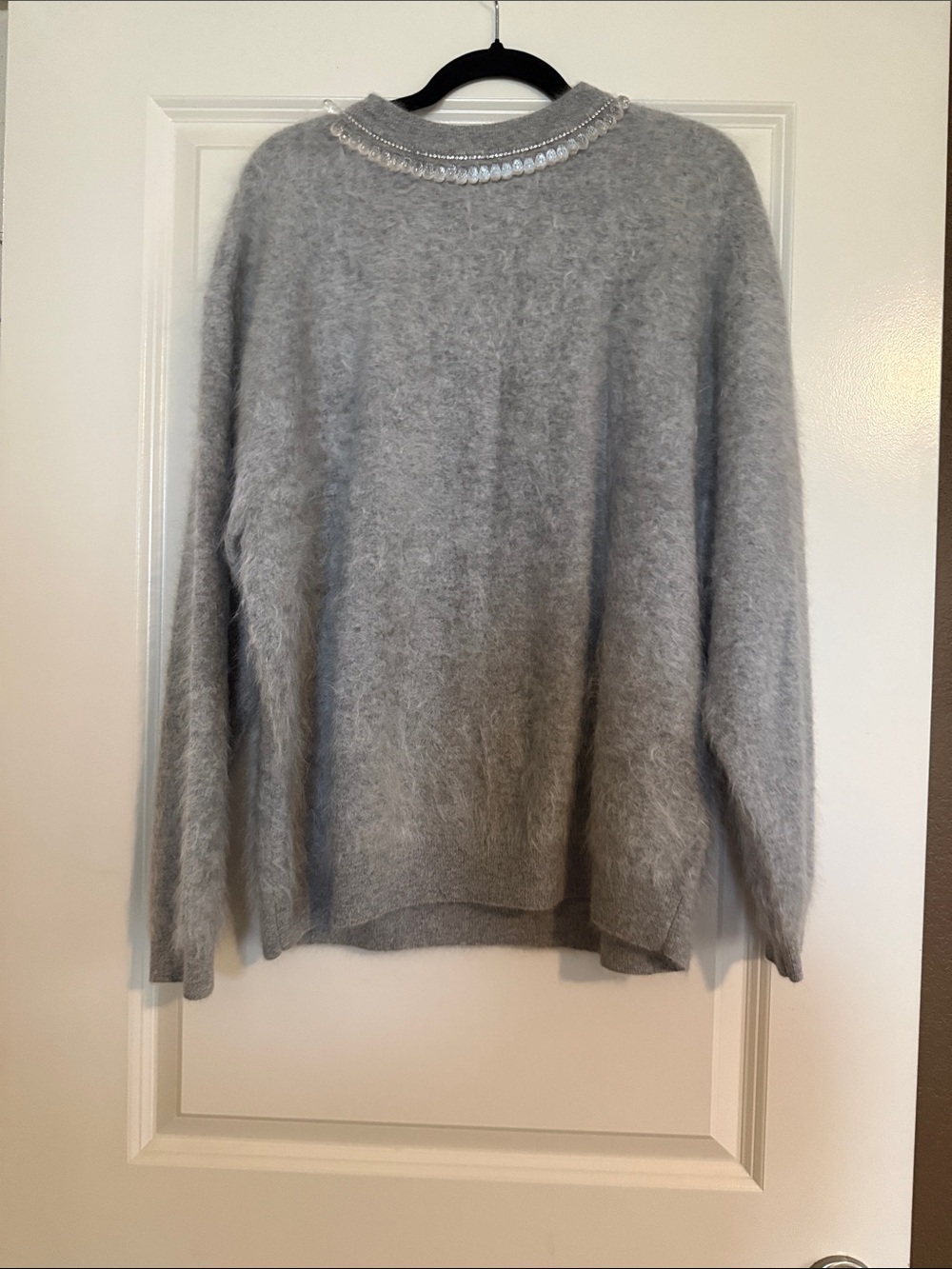 J. Crew Light Gray Fuzzy Crewneck Cashmere Sweater with Sequin Trim